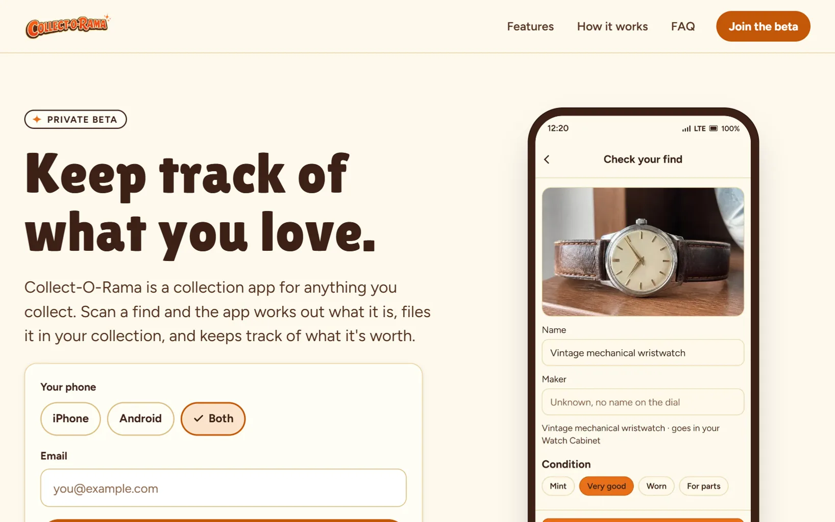 Collect-O-Rama site: Keep track of what you love. A phone scanning a vintage wristwatch into the Watch Cabinet.